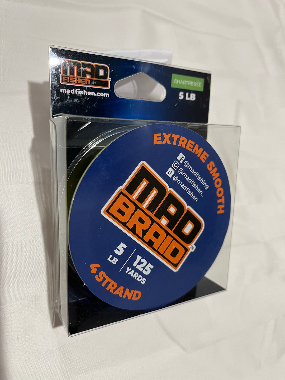 Front view of Mad Braid braided fishing line in chartreuse, featuring 5 lb test strength and 125 yards of 4-strand Dyneema for smooth, high-performance casting.