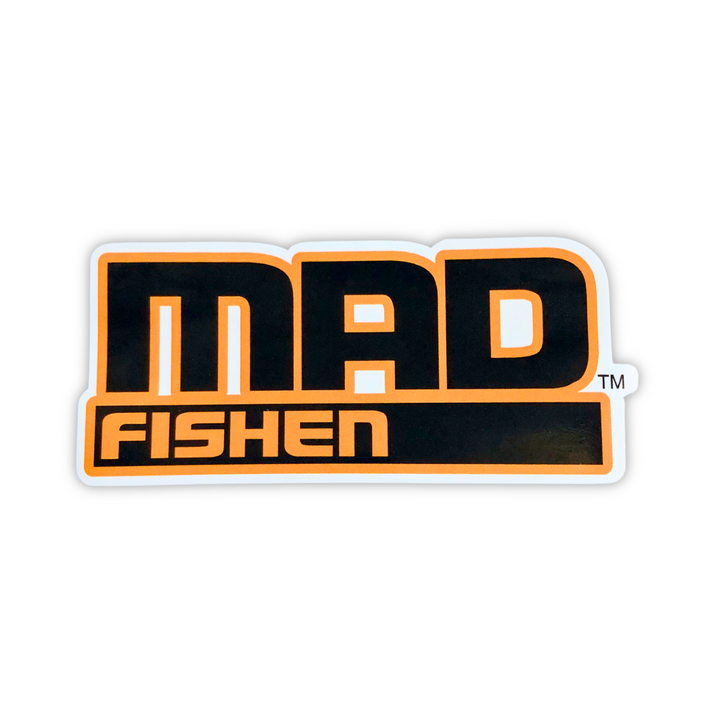 MadFishen 3x7 fishing decal featuring the bold MadFishen logo, perfect for customizing tackle boxes, boats, coolers, and vehicles. Durable, weather-resistant, and designed for anglers who love the sport.