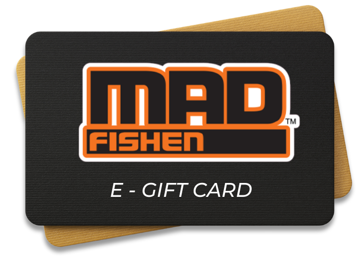 MadFishen e-gift card with a sleek black background and gold accent, featuring the bold orange and white MadFishen logo. A great gift idea for fishing enthusiasts to purchase high-quality fishing gear and accessories.