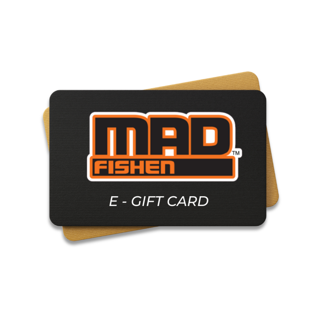 MadFishen e-gift card with a sleek black background and gold accent, featuring the bold orange and white MadFishen logo. A great gift idea for fishing enthusiasts to purchase high-quality fishing gear and accessories.