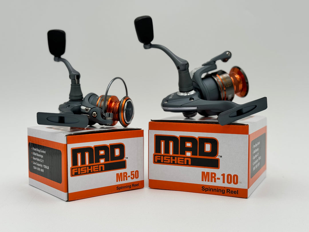 Side-by-side comparison of the MadFishen MR50 and MR100 spinning reels, highlighting their size differences and high-performance features.