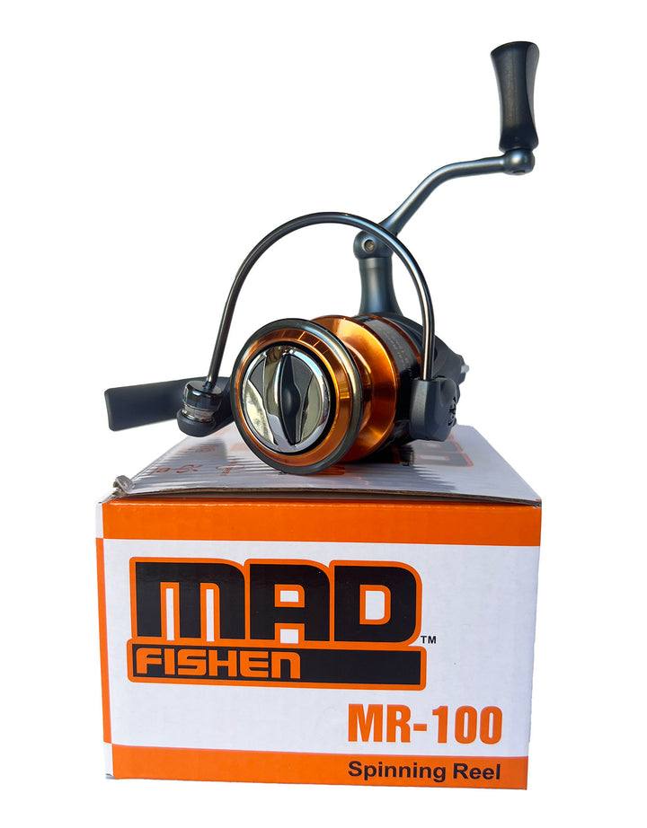 MadFishen MR100 spinning reel showcased on its original box, designed for smooth retrieval and high-performance fishing.