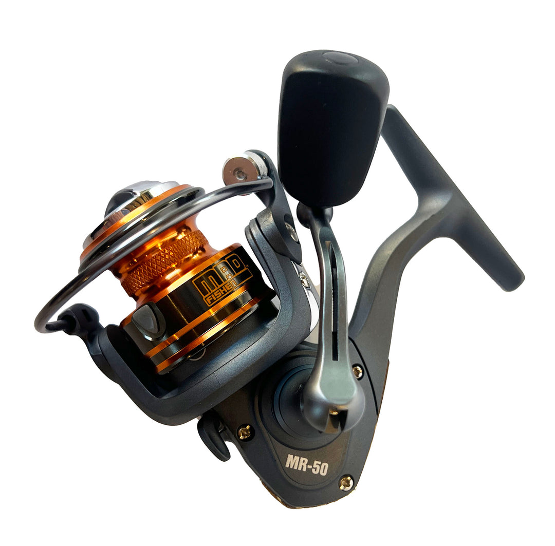 Front-facing view of the MadFishen MR50 spinning reel, showing its multi-disc drag system and smooth retrieval mechanism.