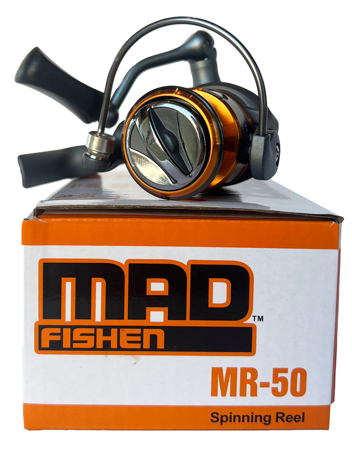 Front-facing view of the MadFishen MR50 spinning reel, showing its multi-disc drag system and smooth retrieval mechanism.