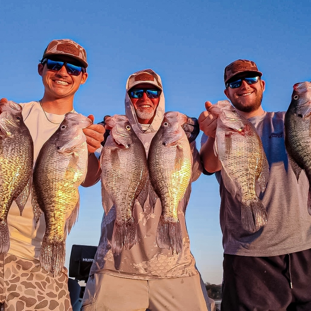 Three anglers from the Thermocline Lures Fishing Team proudly hold up their large crappie catches during a successful fishing trip, smiling against a golden sunset.