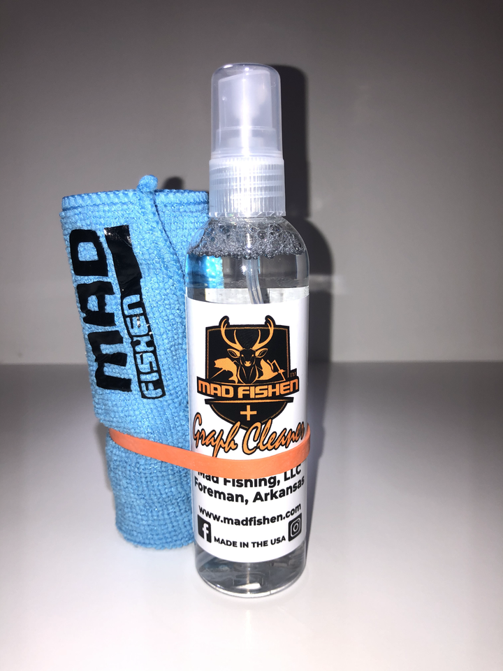 MadFishen Graph Cleaner 4 oz spray bottle with a blue microfiber cloth, bundled together with a rubber band. Designed for streak-free cleaning of fish finders, marine electronics, AR-coated lenses, and more.